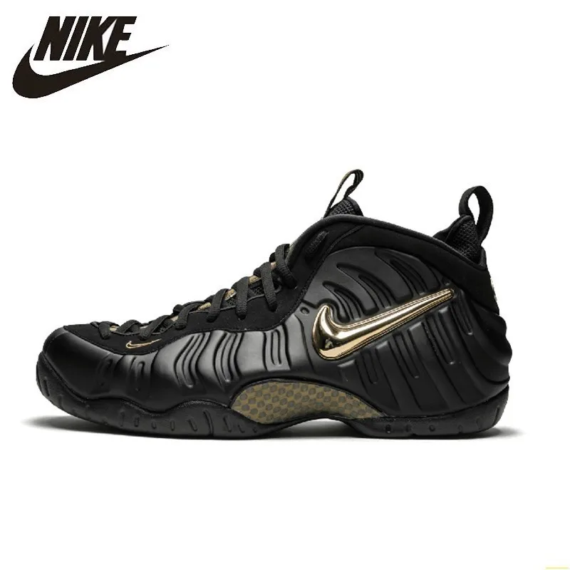 نايك الهواء Foamposite أسود الذهب فقاعة جديد وصول الرجال حذاء كرة السلة الأصلي مريحة وسادة هوائية رياضية #624041-009