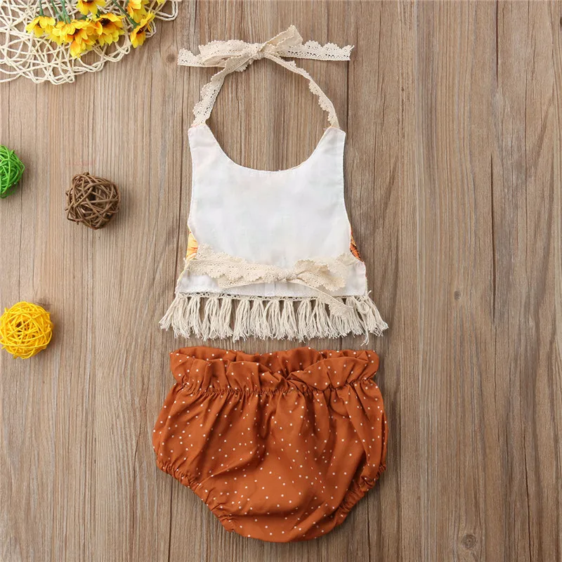 Nette Baby Mädchen Quaste Bib Outfits Sonnenblumen Ärmel Halfter T-shirt Tops + Kleinkind Gürtel Dots Shorts 2 Pcs Sommer Prinzessin kleidung