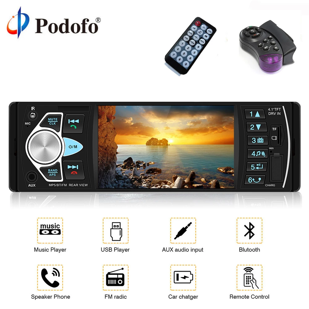 

Podofo 12V Bluetooth Car Radio 1 din Car Stereo FM Radio MP3 Audio Player 5V Charger USB SD AUX 1 DIN Autoradio Rear View Camera