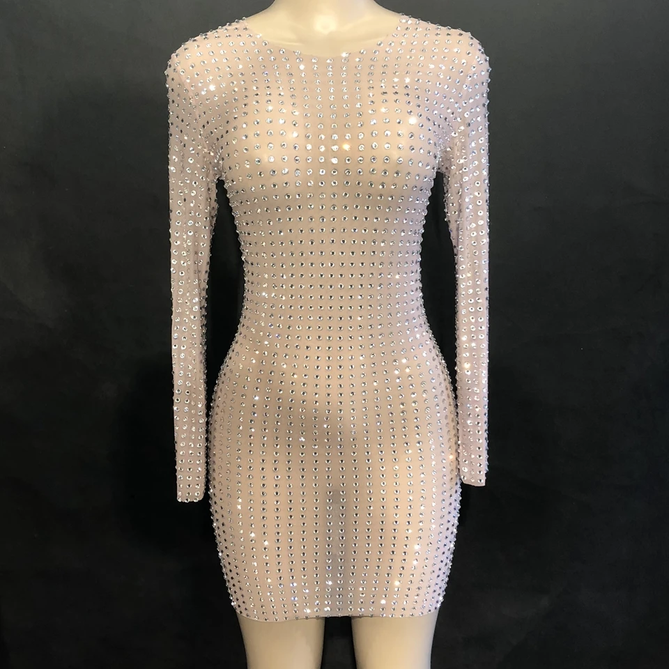 

Sparkly Silver Rhinestone Mesh Perspective Dress Evening Party Luxurious Long Sleeve short Mini Dress Birthday Celebrate Dresses