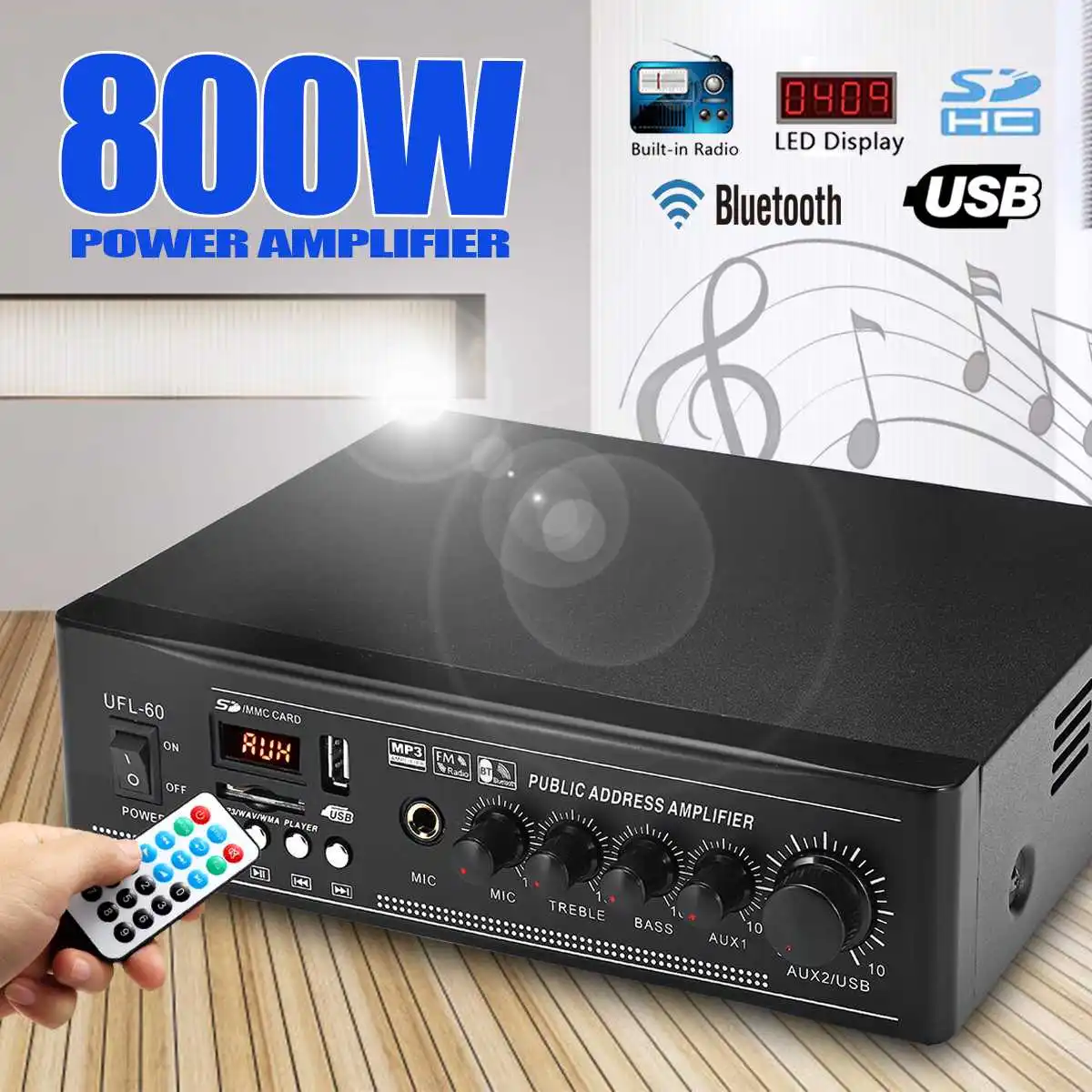 

800W Mini HIFI Audio Stereo Power Amplifier bluetooth FM Radio USB SD Home 220V Constant Voltage Amplificador W/Remote Control