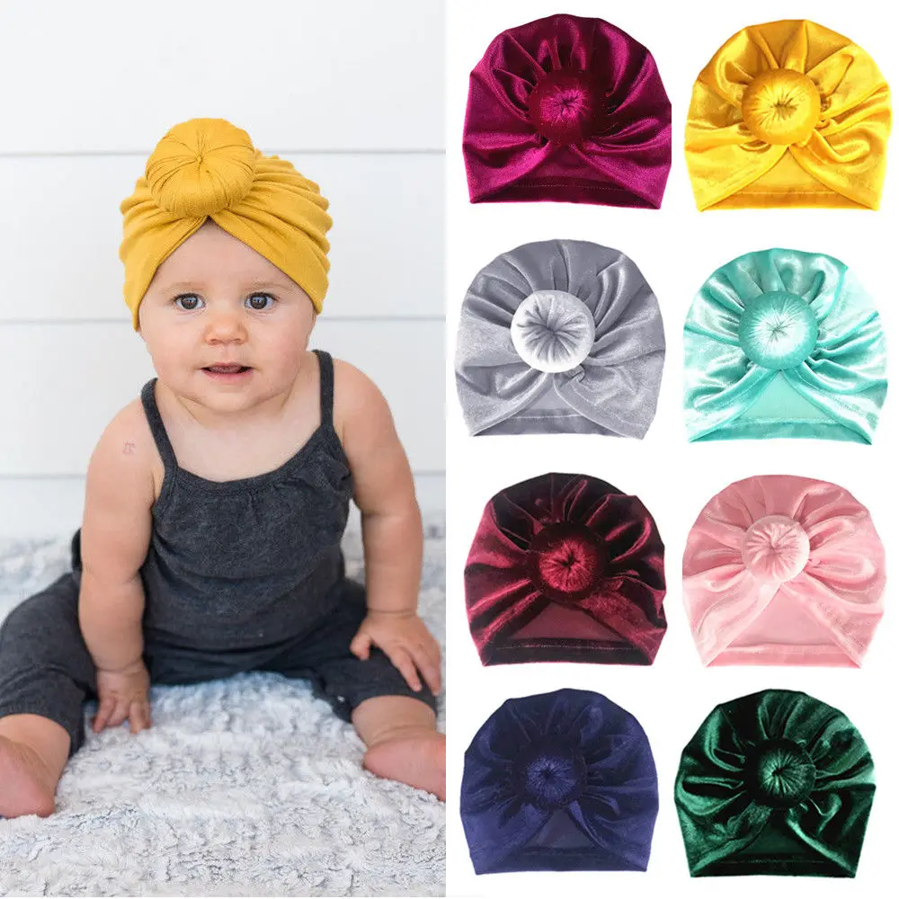 

Cute Toddler Kids Girls Boys Hat Fashion Bow Turban Head Wrap Cap Solid Hijab Headband Velvet Caps Kids Casual Hats 1-6 Years