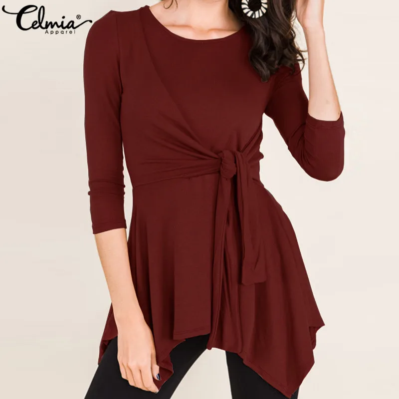 Celmia Women Blouse Front Knot Pleated Shirts 2019 Casual Loose Ladies