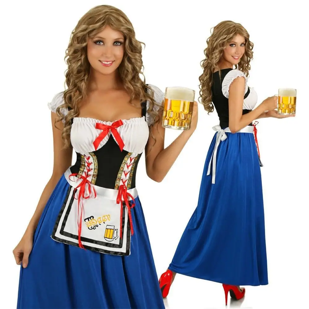 

High Quality Sexy Woman Long Skirt Oktoberfest Clothing Bavarian Traditional Beer Maid Uniform Halloween Holiday Party Dress