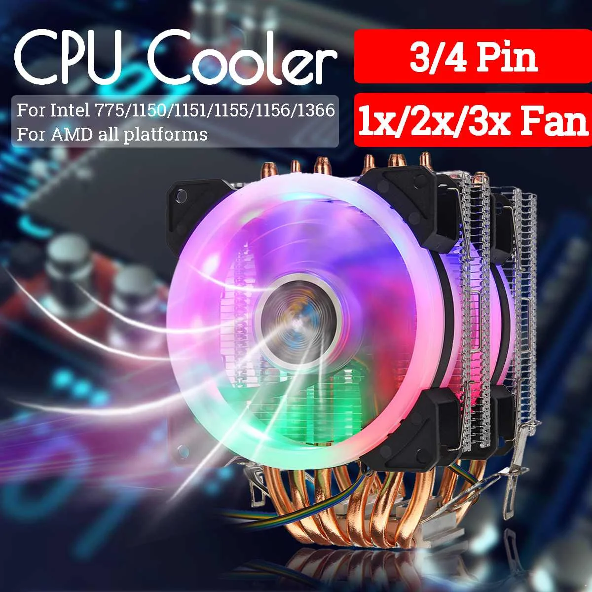 

CPU Cooler Fan Heatsink 6 Copper Heatpipe 3/4 Pin RGB Fan Cooler For Intel 775/1150/1151/1155/1156/1366 and AMD All Platforms