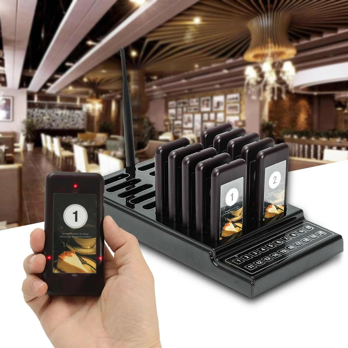 

Wireless Paging Queuing System 10 Call Coaster Pager+1 Transmitter Battery Restaurant Pager Equipment F9401