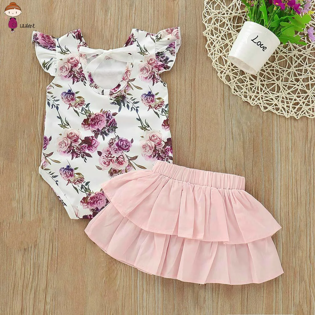 

LILIGRIL Newborn Toddler Infant Baby Girls Floral Print Cotton Blend Romper Fashion Ruffles Skirt Outfits Set