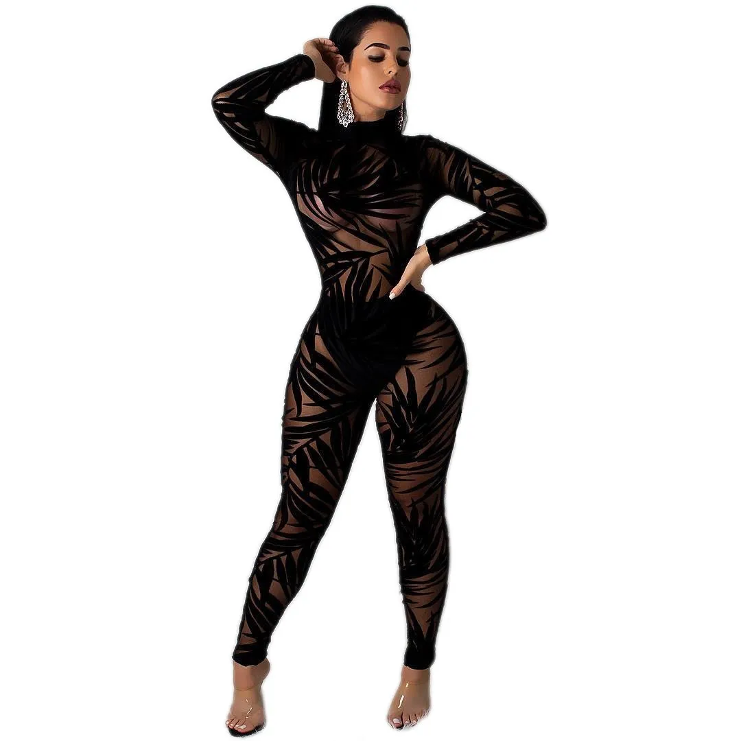 

2019 Women Sexy Print Long Sleeve Jumpsuits Fashion Bamboo Leaf Mesh Long Rompers High Neck Transparent Playsuits