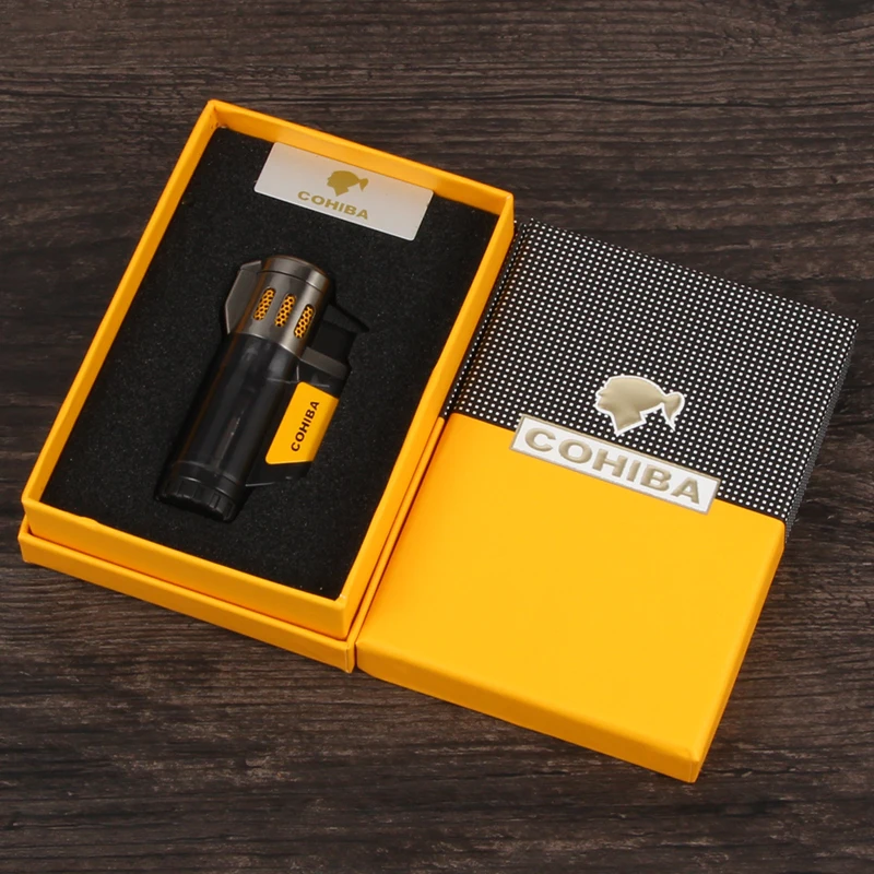 COHIBA гаджеты портативный ветрозащитный бутан газ 3 Пламя зажигалка для сигар