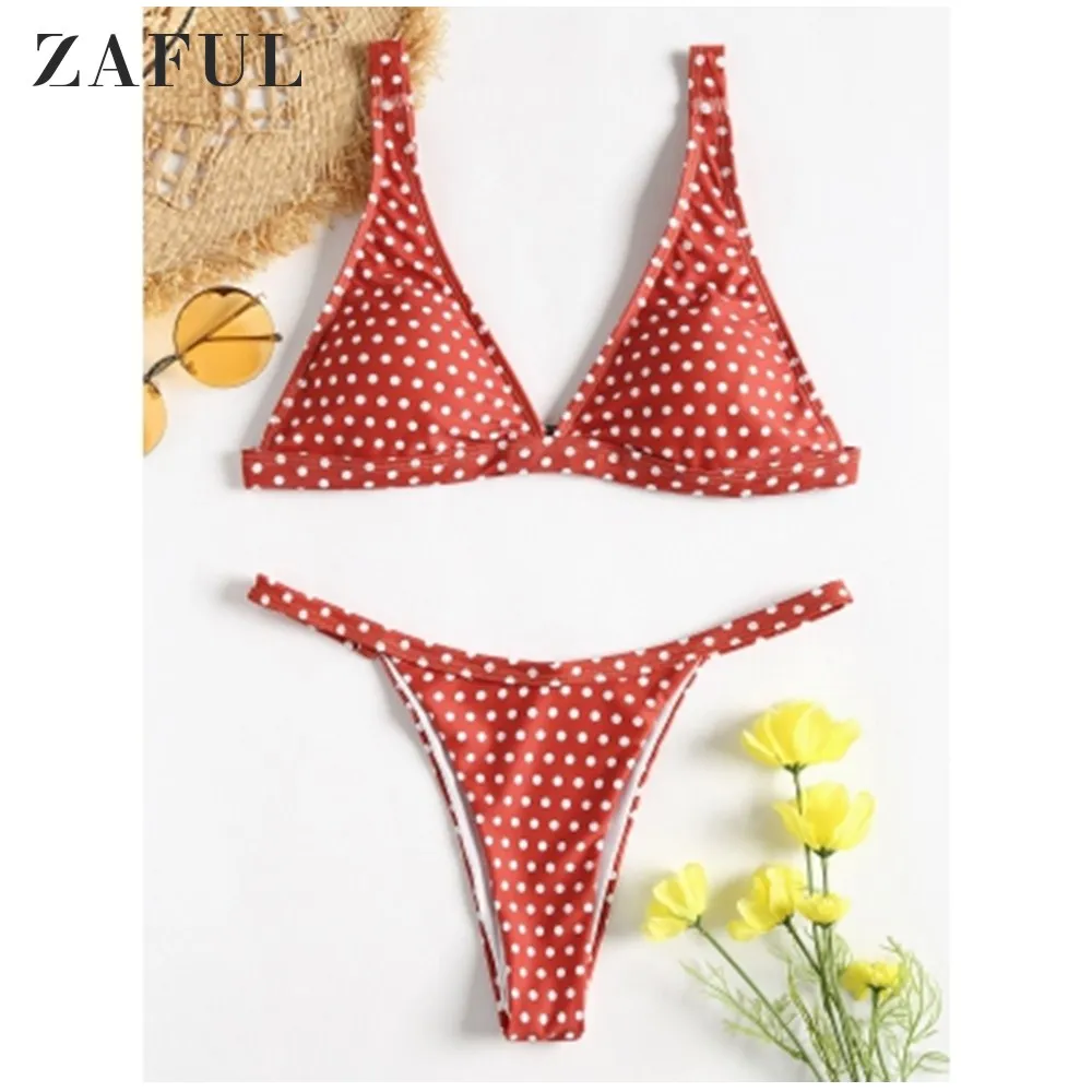 

ZAFUL Women Bikini Set Plunging Neck Polka Dot Plunge String Bikini Lady Sexy Bikini Swimwear Summer Beach Swimsuit Bathing Suit