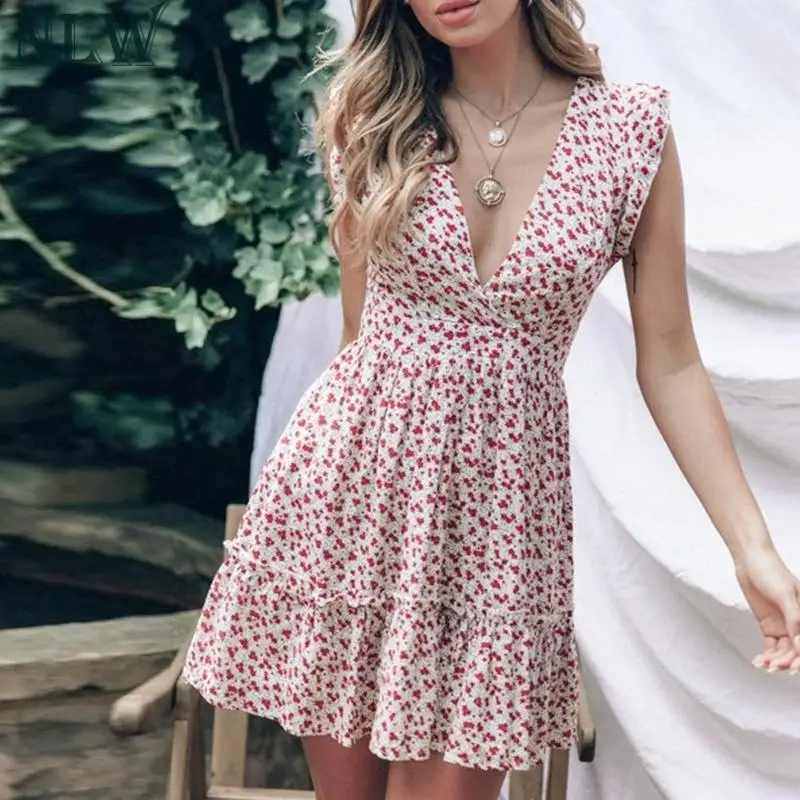 

NLW Fashion Vintage Floral Print High Waist Short Dress Women 2019 Summer Sexy Deep V Ruffle Mini Dress Girl Holiday Vestidos