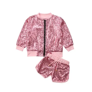 

Fashion Toddler Baby Girl Bling Bling Sequined Cardigan Jacket Coat Tops Lace-up Shorts Pants Girls Clothes Outfits Set Hot 1-6T