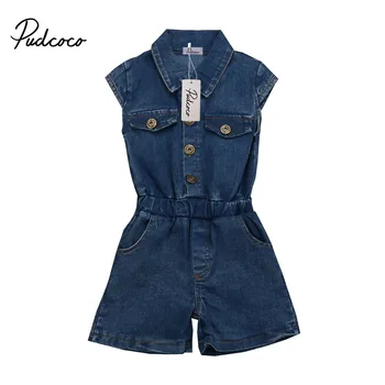 

Pudcoco New Mini Short Sleeve Denim Pants Baby Rompers Summer Casual Dress Jumpsuit Solid Kids Clothes 2-7Y