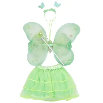 

Baby Girl's Butterfly Fairy Princess Role Play Costume Set Of 4 - Gillter Wings, Headband, Magic Wand, Tulle Tutu Skirt green