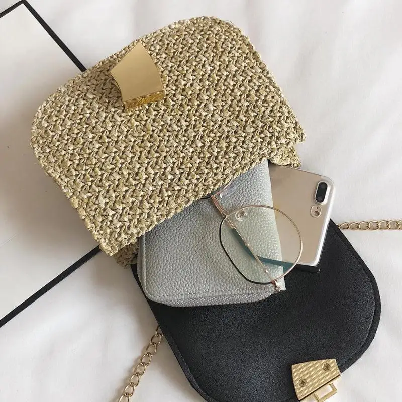 أزياء السيدات رسول حقائب القش حقيبة كتف للفتيات عارضة النساء المنسوجة سلسلة صغيرة Crossbody أكياس Bolsas الأنثوية أزياء السيدات رسول حقائب القش حقيبة كتف للفتيات عارضة النساء المنسوجة سلسلة صغيرة Crossbody أكياس Bolsas الأنثوية