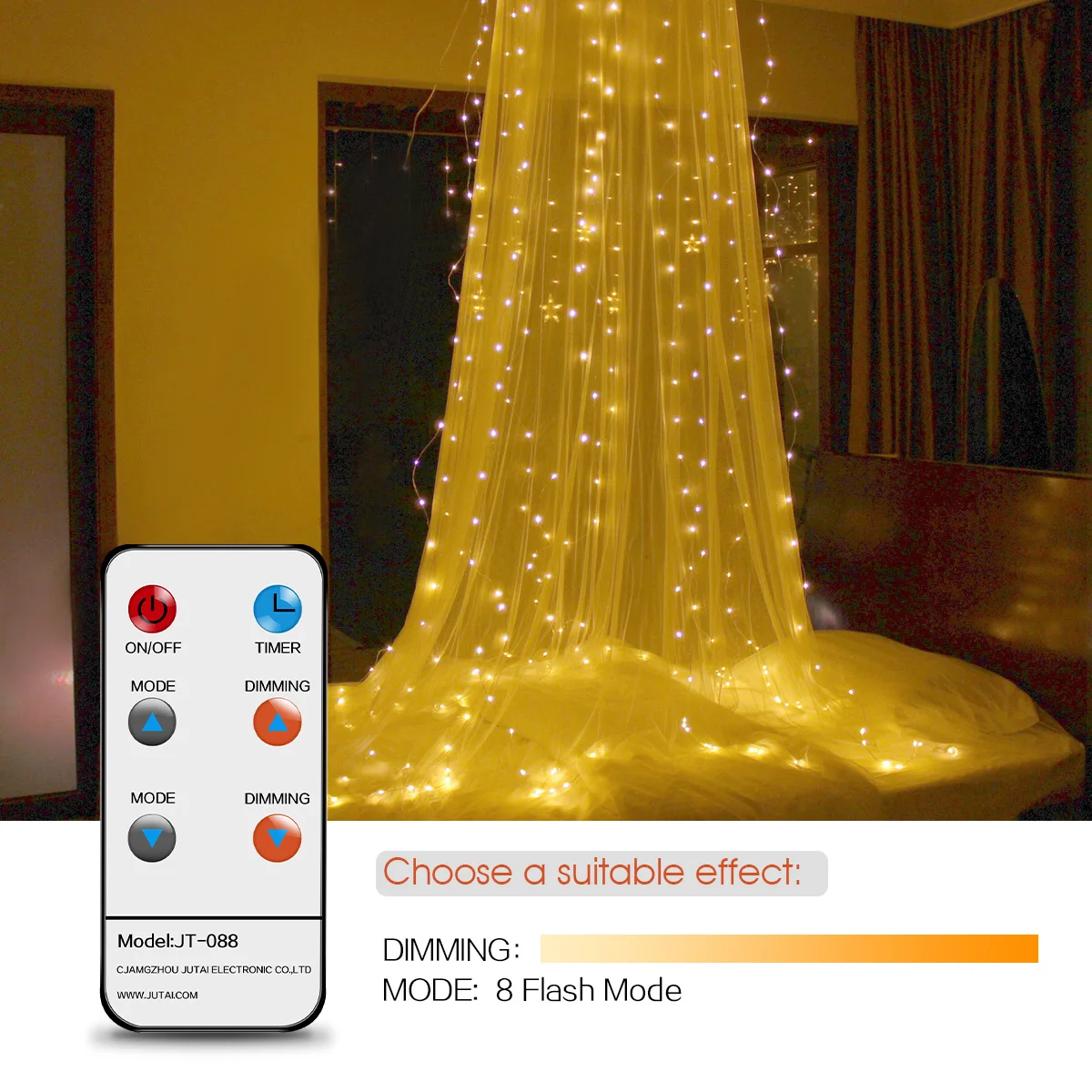 3m LED Curtain Light RF Remote Control Silver Wire String Light Warm