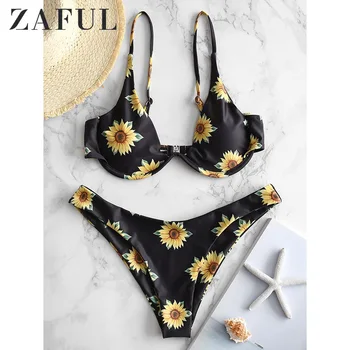 

ZAFUL Sunflower Print Striped Lace-Up Reversible Bikini Set Bikinis 2019 Mujer Beachwear Swimsuit Swimwear Women'S Swimsuits