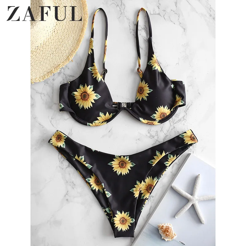  ZAFUL Sunflower Print Striped Lace-Up Reversible Bikini Set Bikinis 2019 Mujer Beachwear Swimsuit S