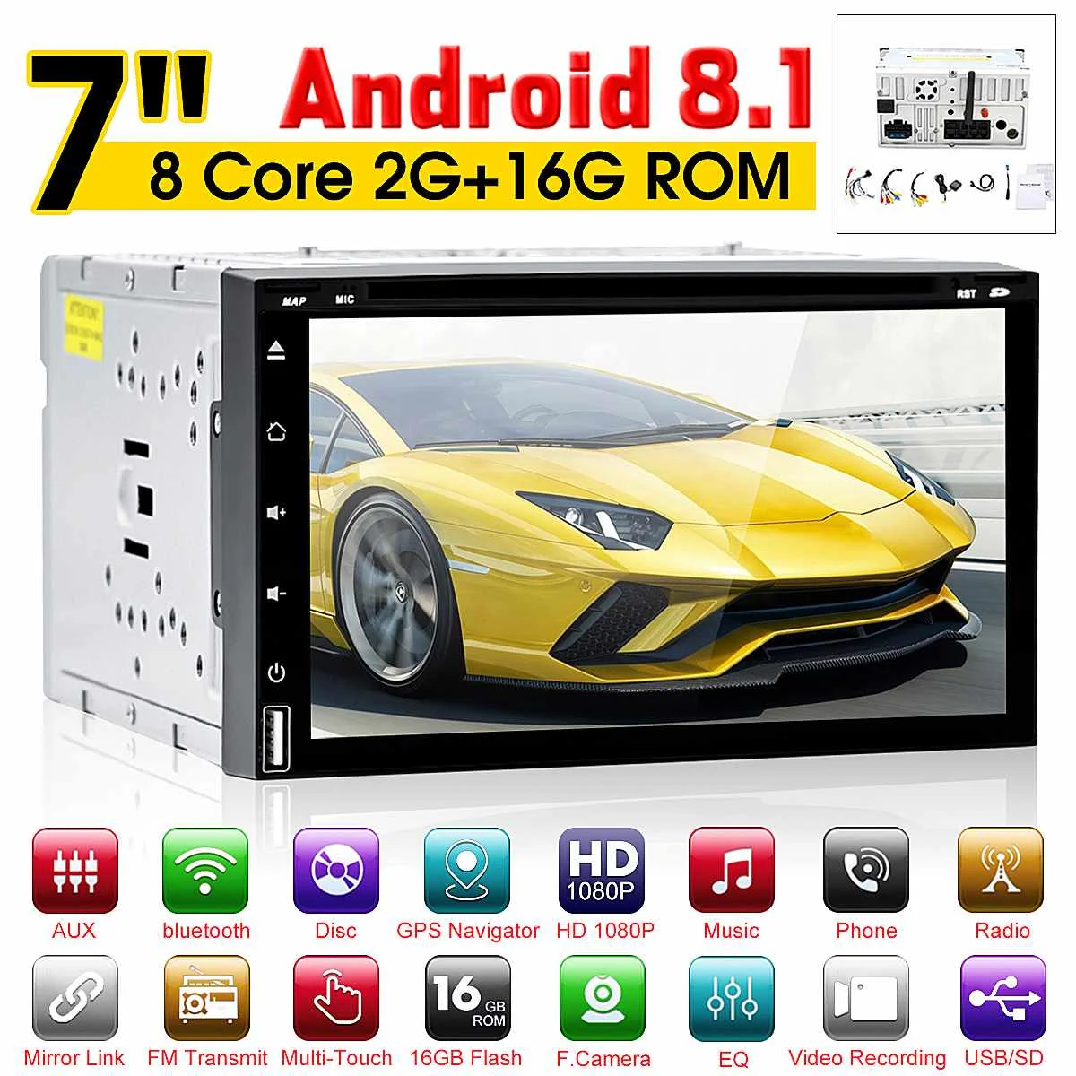 

BX-8120 7" 2 Dins Car Multimedia Player DVD Back Up Reverse Image Assist GPS Radio Video Navigation T8 Android 8.1.1 2G+16G