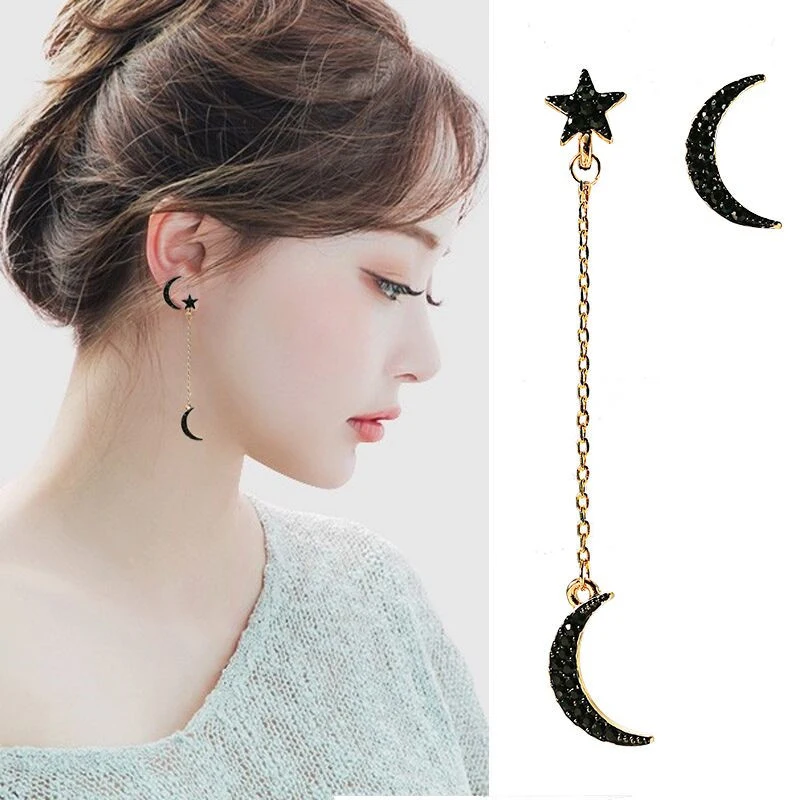 

Hot Sale 1Pair Asymmetric Moon Star Full Rhinestones Drop Earrings Women Party Wedding Seaside Crystal Earrings