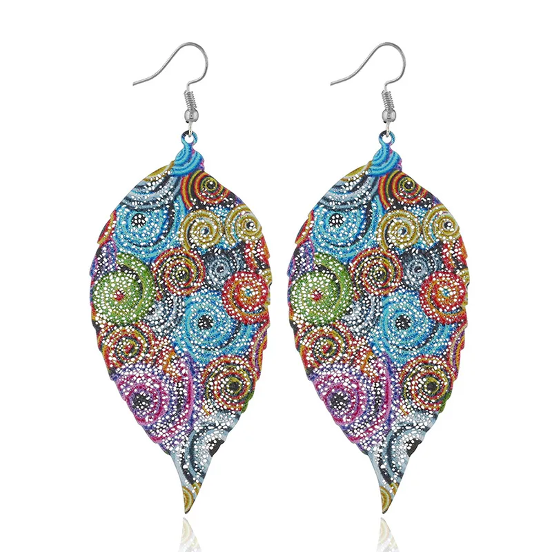 

New Arrival Bohemia Exaggeration Coloured Drawing Pattern Tree Leaf Hanging Earrings for Women Indian Jewelry Ornaments