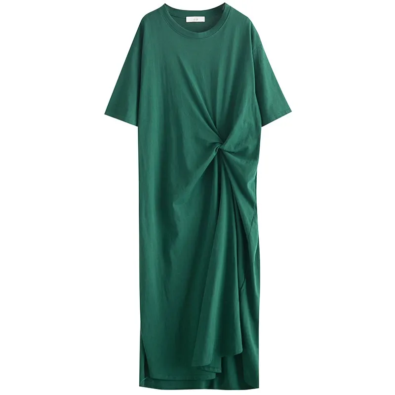 

Fashion Green O Neck Short Sleeve Shirt Summer Dress Women Pleated Big Size Loose Dress