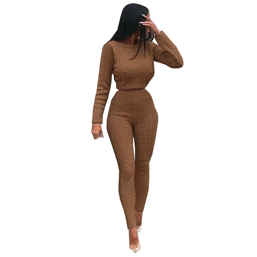 

Casual Warm Knitted Suit Women Outfits O Neck Black Pink Long Sleeve 2 Piece Set Women Sweater Top Knitted Pants Set
