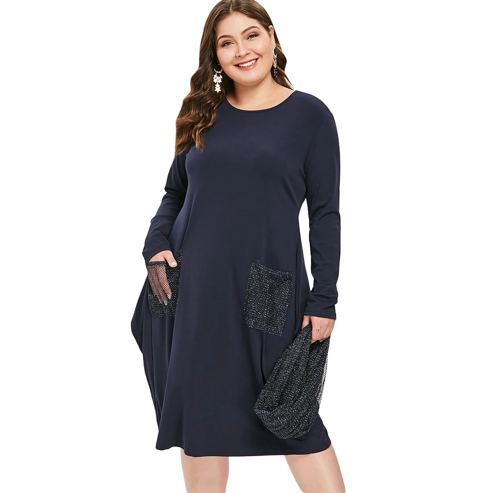 

Spring fall Women Vintage loose Dress Long Sleeve Blouse Casual Plus Size Pocket Brief Midi Dress With Bow Scarf Straight Dress