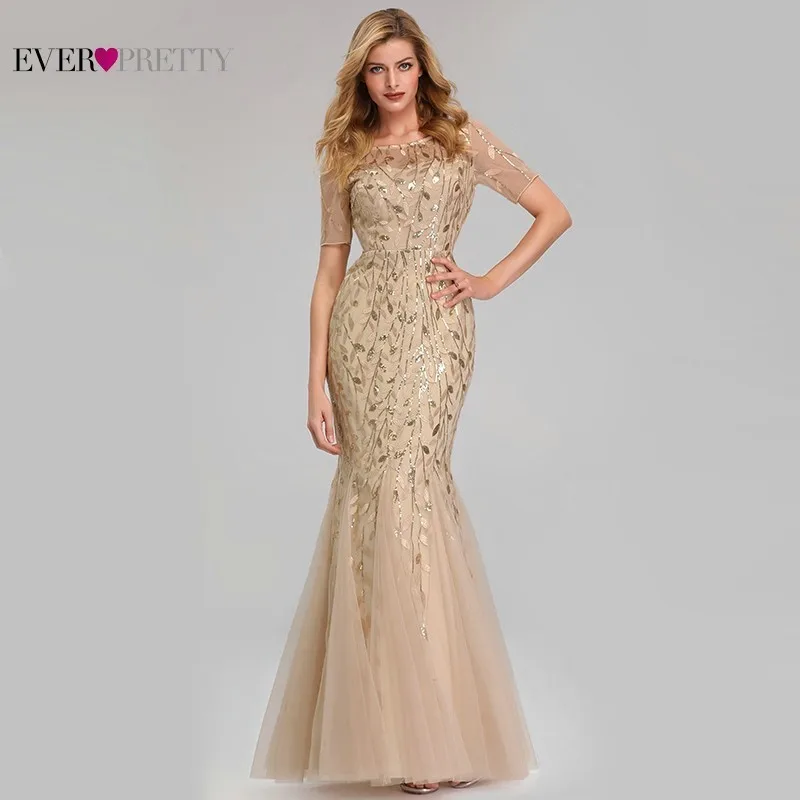 

Elegant Lace Prom Dresses Long Ever Pretty Sequined Mermaid Saudi Arabian Clothing 2019 Sexy Gold Formal Evening Party Gowns