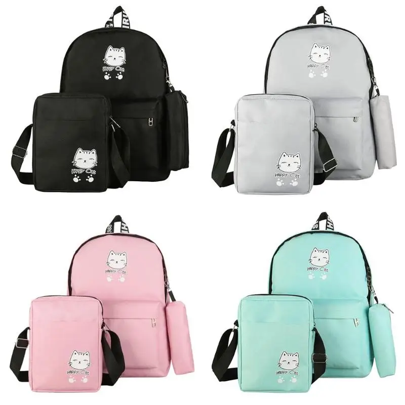 

3pcs/Set Cartoon Cat Print Women Canvas Backpacks Travel Shoulder Schoolbag