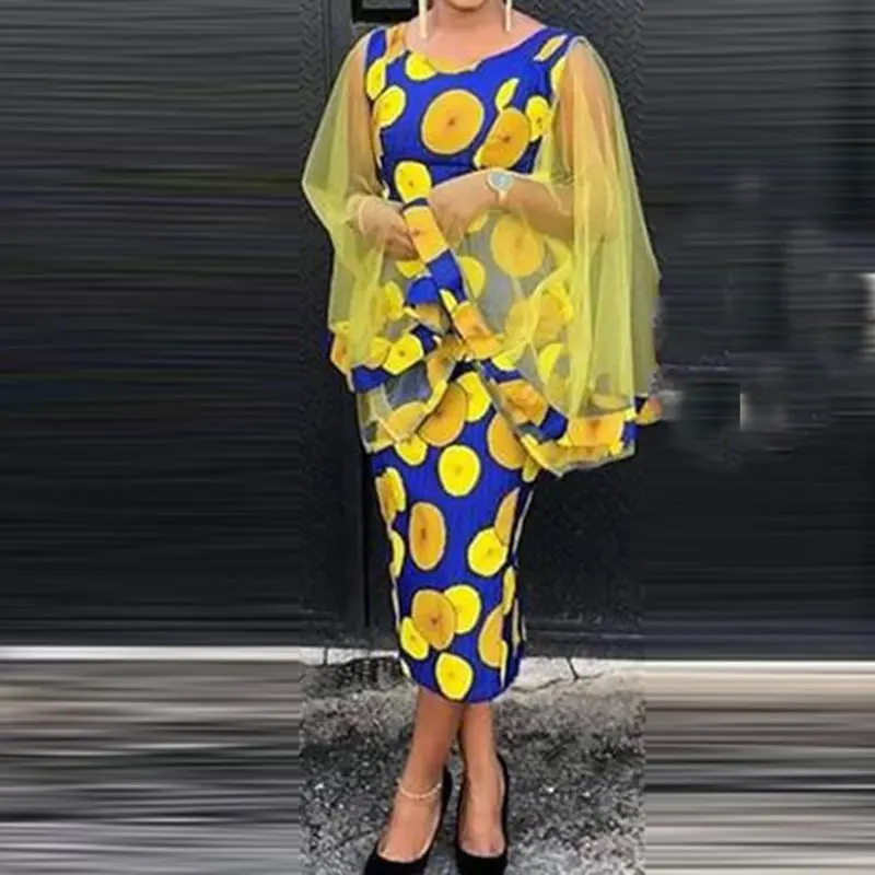 

Yellow Mesh Sleeve Women Dress 2019 Summer Party Dinner Female Bodycon Dress Polka Dot Vintage Elegant Pencil Midi Dresses