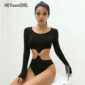 

Sexy Sexy Black Bodysuit Women Patchwork Bodycon Long Sleeve Bodysuit Backless Cotton Body Feminino Hollow Out Jumpsuits