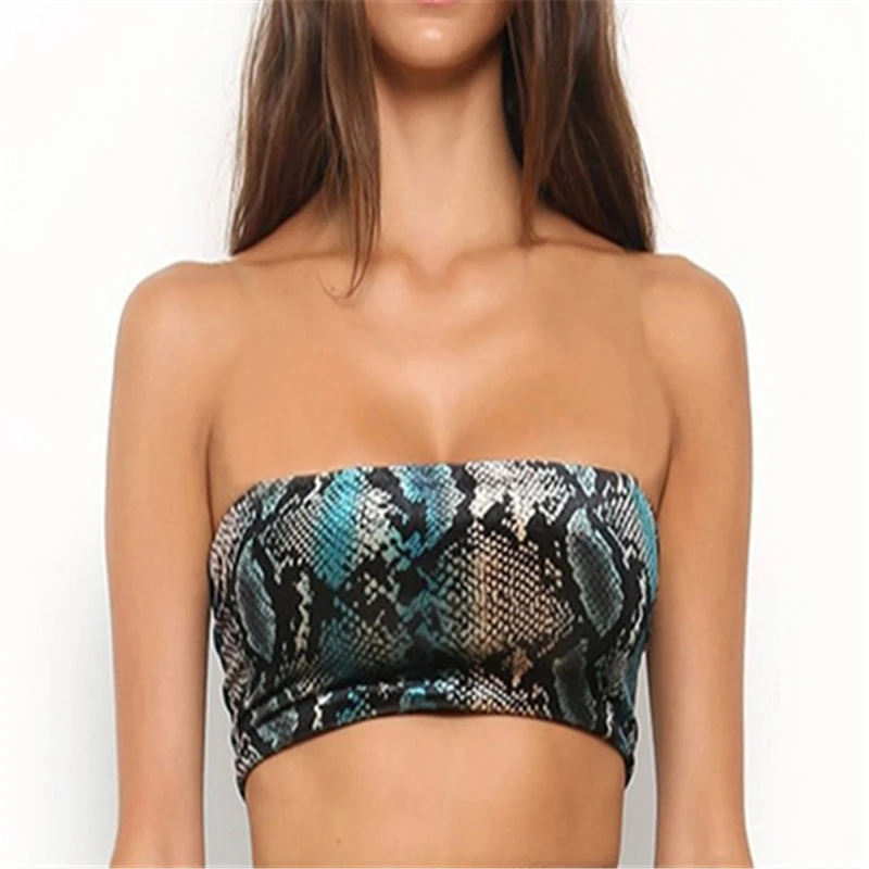 

Sexy Crop Top Women Strapless Boob Tube Ladies Stretch Bandeau Bra Crop Tops 2019 arrival Party Shirt Snake skin Printed