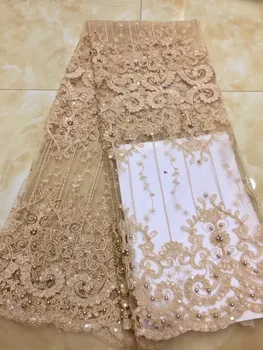 

2019 African Lace High Quality French Lace Fabric With beaded Gold Color African Lace Fabric For Nigerian Wedding Dress