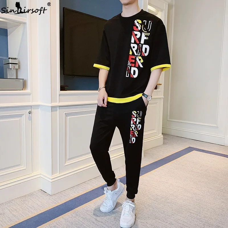 Корейская версия повседневной футболки костюм мужской хлопок Мягкий свободный большой размер Мужская футболка M-3XL упакованная печать