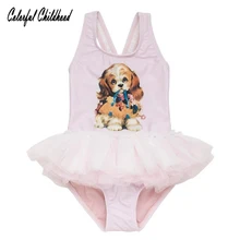 Дизайнерская детская одежда для купания, дизайнерская юбка-пачка с изображением щенка, собаки, цветка, с оборками, кружевное пляжное бикини в бассейне, милая одежда для плавания в стиле принцессы