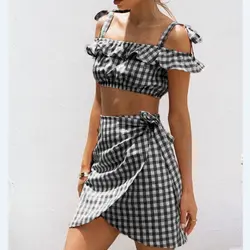 Два 1 предмет Для женщин Boho Летний пляж Шахматная gingham укороченный топ Вечерние Короткие мини-юбки Повседневное комплект из 2 предметов