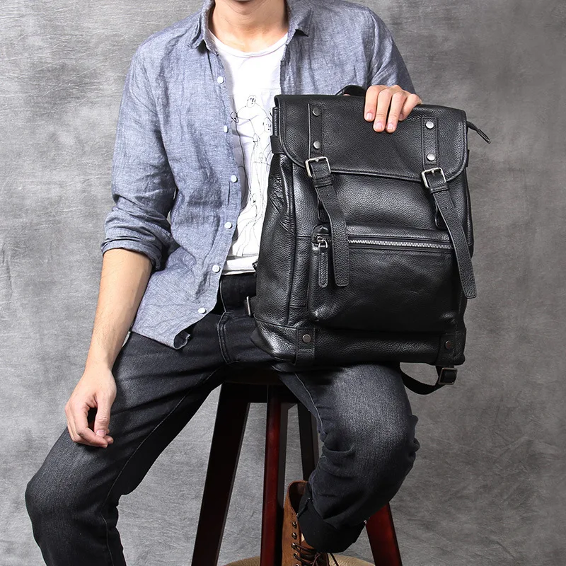  100% Natural Skin Genuine Leather Black Backpack Men Large Capacity Laptop Backpack Male Travel Bag