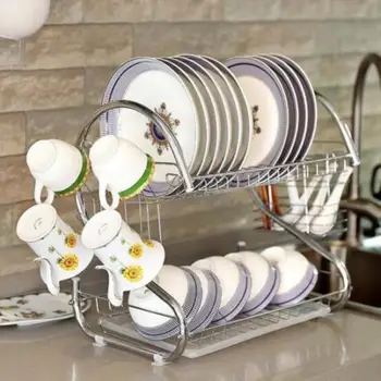 

304 Stainless Steel Kitchen Dish Rack 2-Layer Dish Drainer Drying Rack for Plate Cutlery Cup Dish Drainer Sink Kitchen Storage