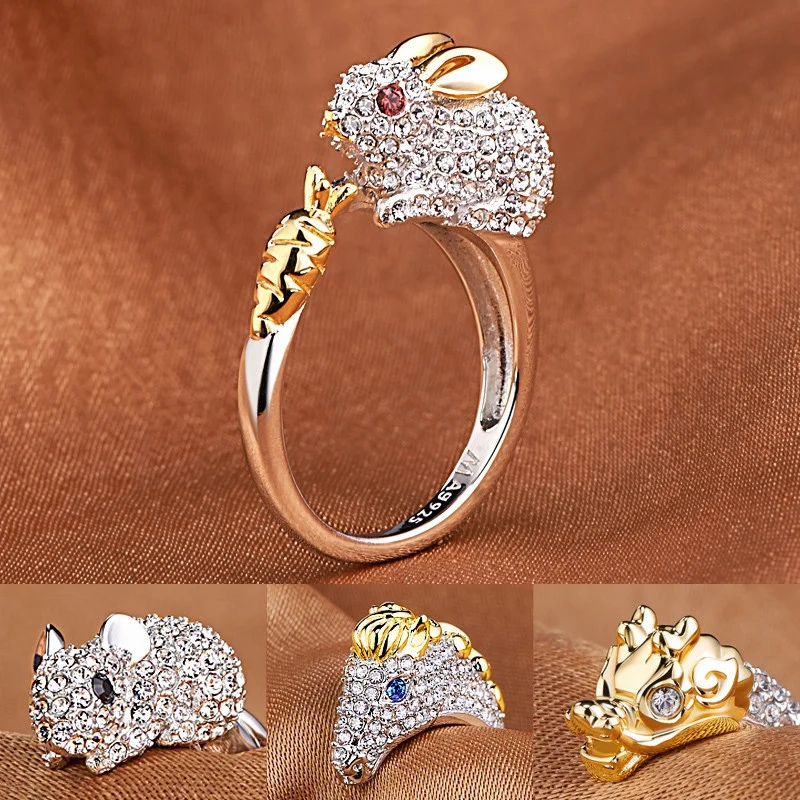 

2019 Zodiac Female Ring Bague or Jaune Diamond Engagement Ring Band Index Opening Platinum Animal Adjusting Ring Jewelry