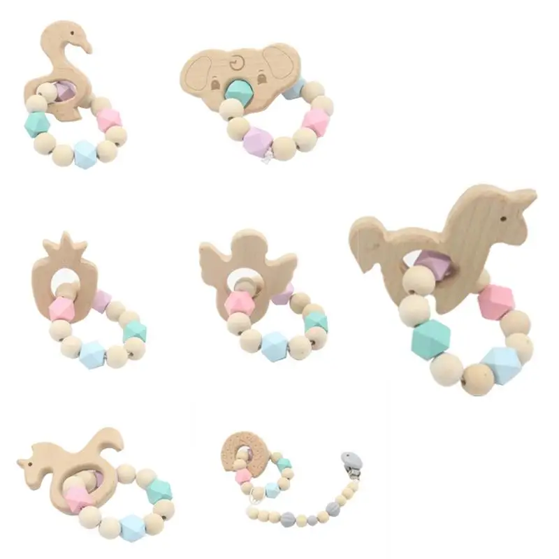 1pc Baby Nursing Bracelets Wooden Teether with Beads Animal Teething Wood Rattles Toys Gift | Мать и ребенок