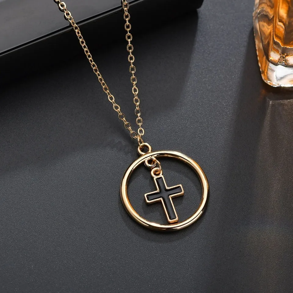 

Trendy Black Cross In Hallow Round Pendant Necklaces For Women Fashion Chain Necklace Handmade Lucky Wedding Jewelry
