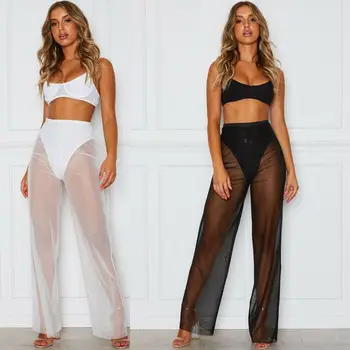 

US Women Sexy High Waist Mesh Lace See Through Flared Pants Casual Long Trousers