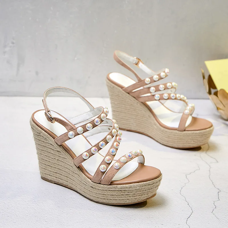 

Moraima snc 2019 Summer New Women's Sandals Open Toe High Heel Platform Pearl Strap Wedge Sandals