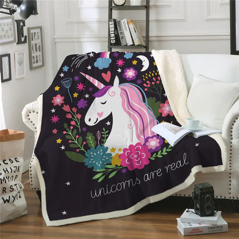 

3D Cartoon Unicorn Velvet Plush Throw Blanket Floral Printed For Kids Girls Sherpa Blanket For Couch Black Thin Quilt