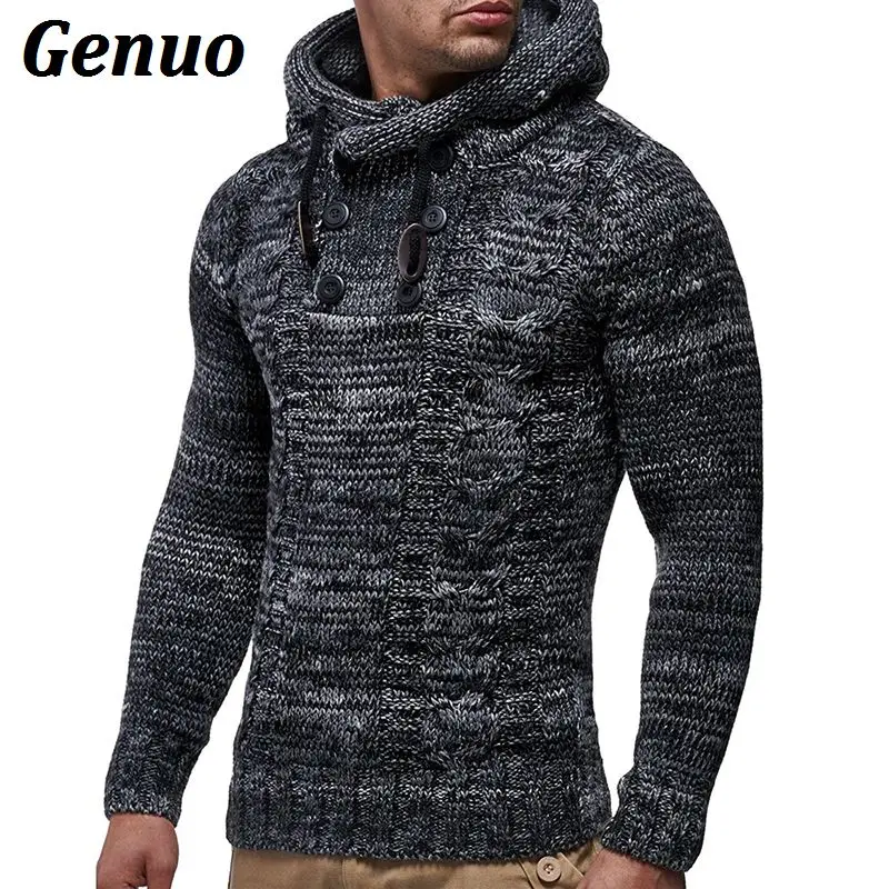 

Genuo Winter Knitted Sweater Men Autumn Fashion Solid Mens Sweaters 2018 Casual Turtleneck Outerwear Hooded Pullover Sweater