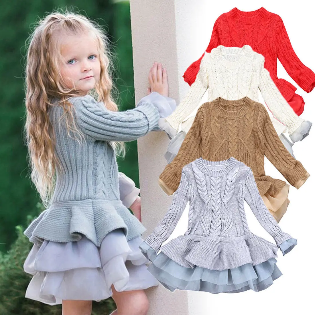 

Pudcoco Girl Dress 3-9 Years Kid Girl Knitted Sweater Winter Crochet Tutu Dress Princess Party Gown