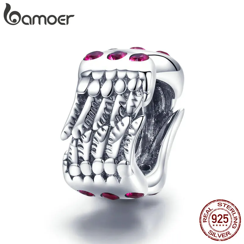 

BAMOER Genuine 925 Sterling Silver Angel Wings Feather Pink CZ Beads Charm fit Charm Bracelet Necklace DIY Jewelry Making SCC948