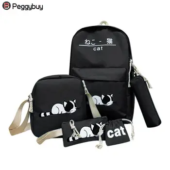 

5pcs/Set Canvas Women Backpack Girls Cute Cat Print Student School Backpack Shoulder Teenagers Book Bagpack Mochila Feminina