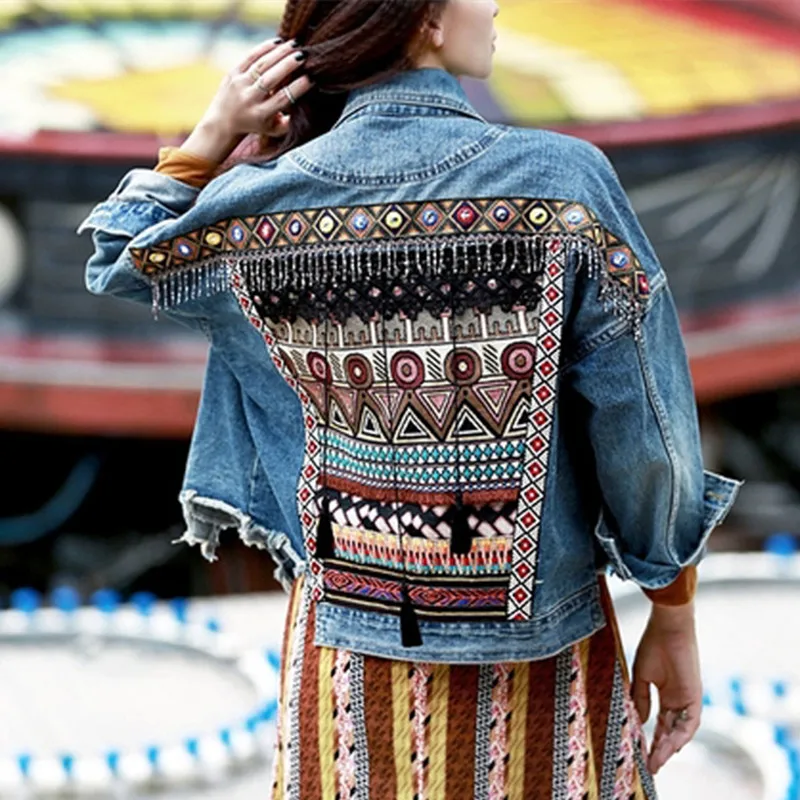 

Vintage Ethnic Appliques Embroidery Tassel Loose Denim Jacket Women Autumn Coat Long Sleeve Outwear Jeans Jackets Windbreaker